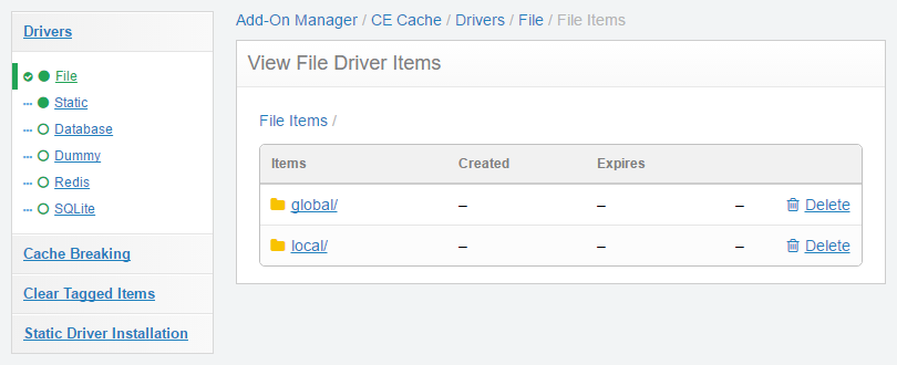 CE Cache View Items control panel page